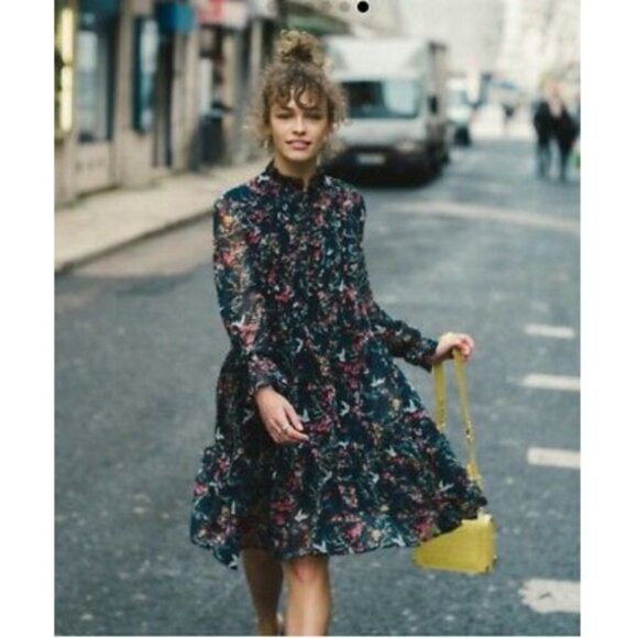 💕THE KOOPLES💕 Blue Bird Print Dress ~ Floral Long Sleeve 100% Silk Crepe Small - Picture 4 of 16